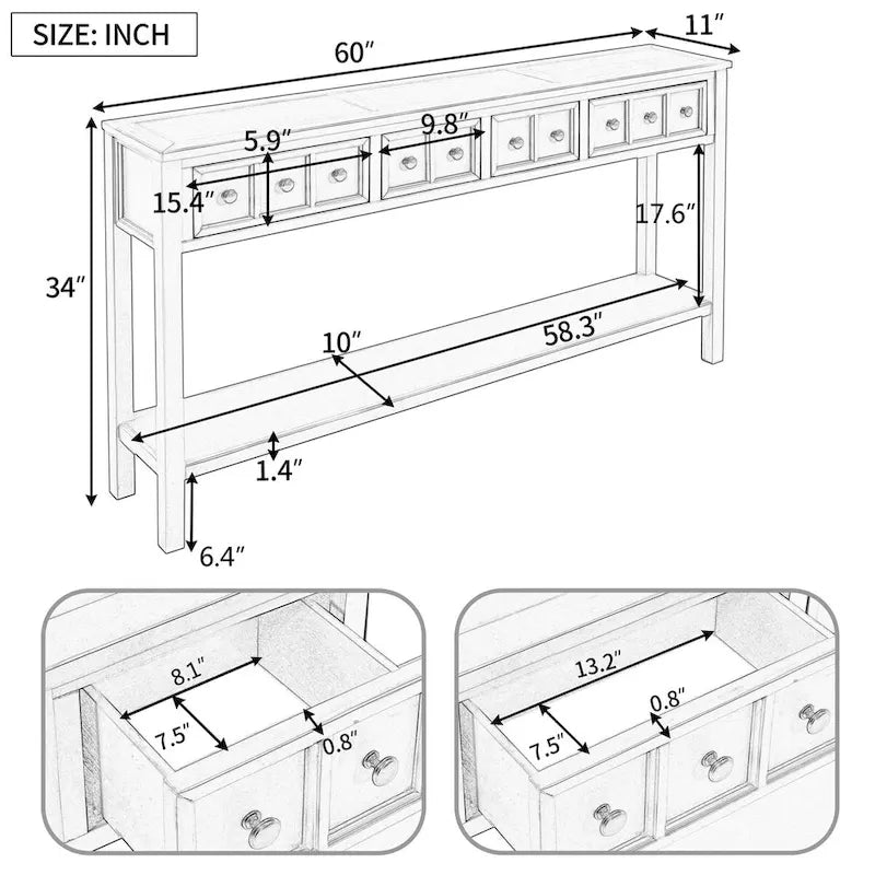 Console d'entrée rustique, table de canapé de 60 pouces de long avec deux tiroirs de tailles différentes et une étagère inférieure pour le rangement