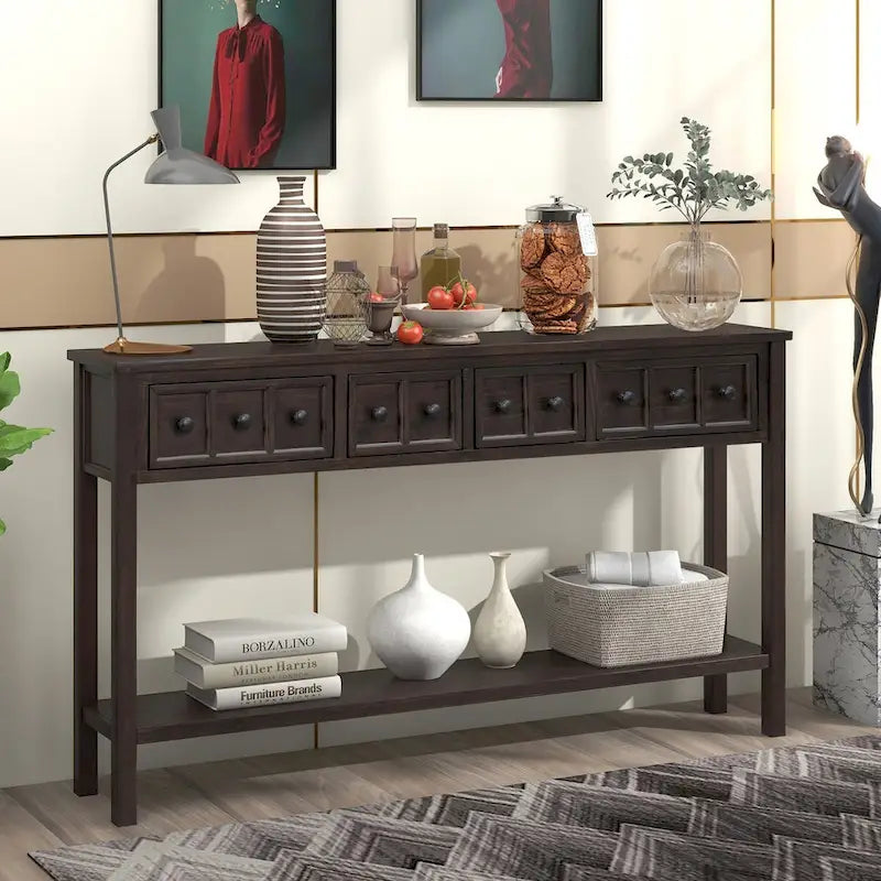 Console d'entrée rustique, table de canapé de 60 pouces de long avec deux tiroirs de tailles différentes et une étagère inférieure pour le rangement