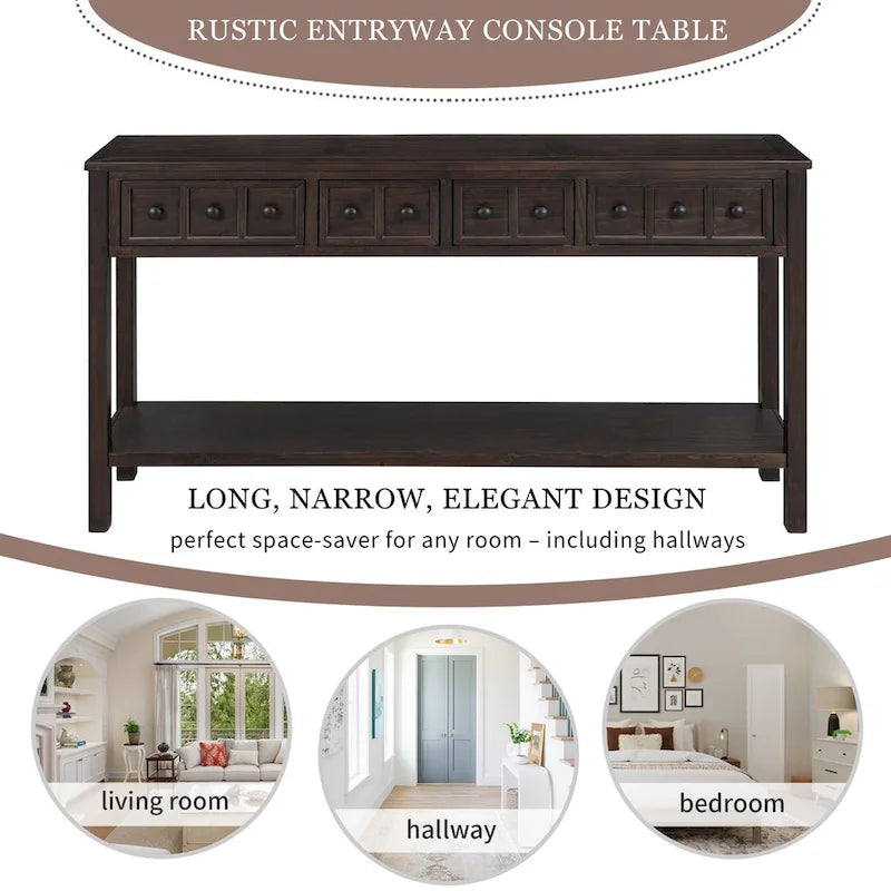 Console d'entrée rustique, table de canapé de 60 pouces de long avec deux tiroirs de tailles différentes et une étagère inférieure pour le rangement