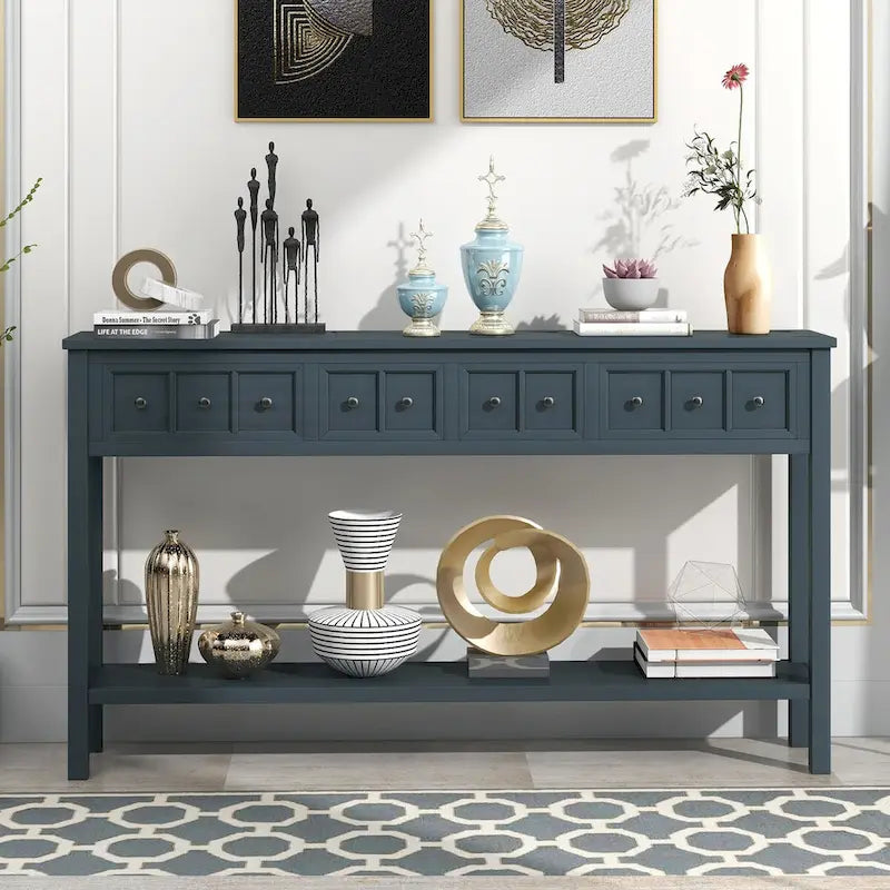 Console d'entrée rustique, table de canapé de 60 pouces de long avec deux tiroirs de tailles différentes et une étagère inférieure pour le rangement