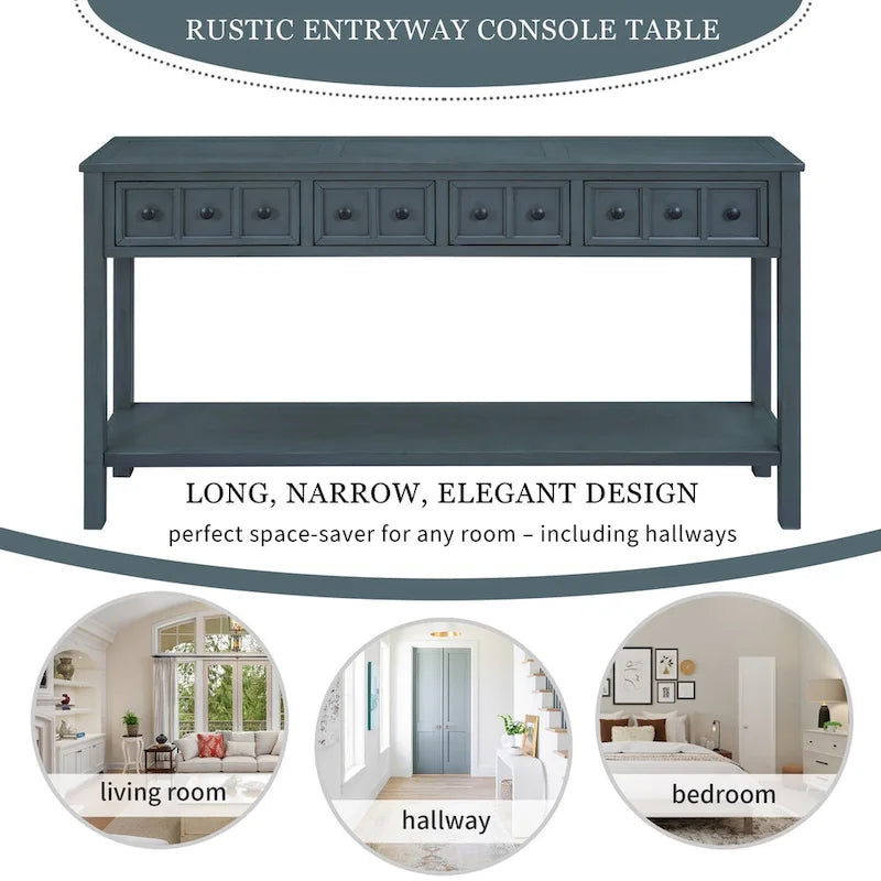 Console d'entrée rustique, table de canapé de 60 pouces de long avec deux tiroirs de tailles différentes et une étagère inférieure pour le rangement