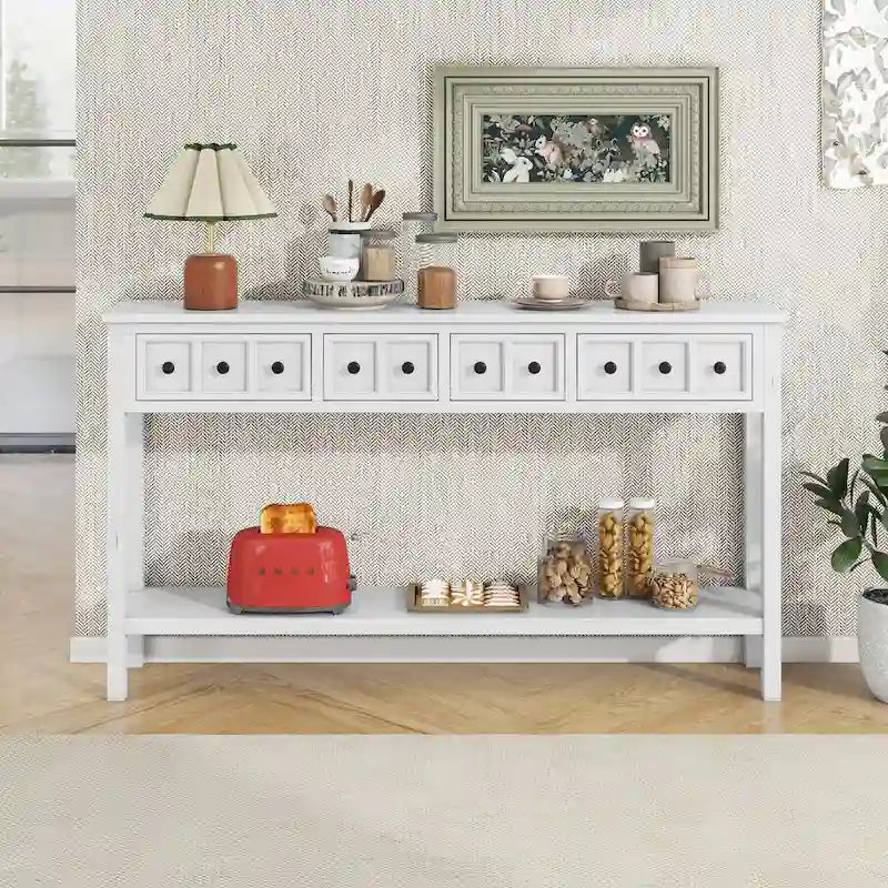 Console d'entrée rustique, table de canapé de 60 pouces de long avec deux tiroirs de tailles différentes et une étagère inférieure pour le rangement