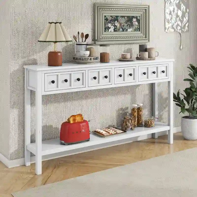 Console d'entrée rustique, table de canapé de 60 pouces de long avec deux tiroirs de tailles différentes et une étagère inférieure pour le rangement