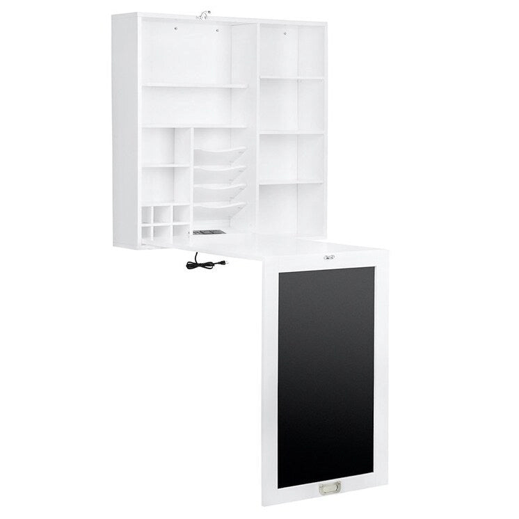 Bureau pliable escamotable avec armoire de rangement et étagères, rangement pour bureau d'ordinateur avec chargement USB, blanc