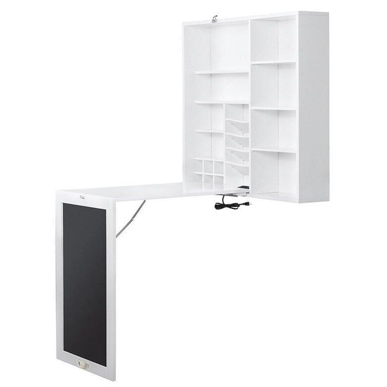 Bureau pliable escamotable avec armoire de rangement et étagères, rangement pour bureau d'ordinateur avec chargement USB, blanc