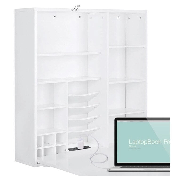 Bureau pliable escamotable avec armoire de rangement et étagères, rangement pour bureau d'ordinateur avec chargement USB, blanc