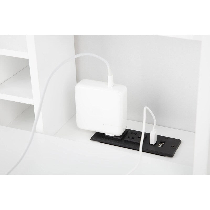 Bureau pliable escamotable avec armoire de rangement et étagères, rangement pour bureau d'ordinateur avec chargement USB, blanc