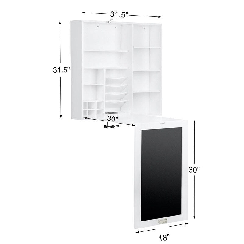 Bureau pliable escamotable avec armoire de rangement et étagères, rangement pour bureau d'ordinateur avec chargement USB, blanc