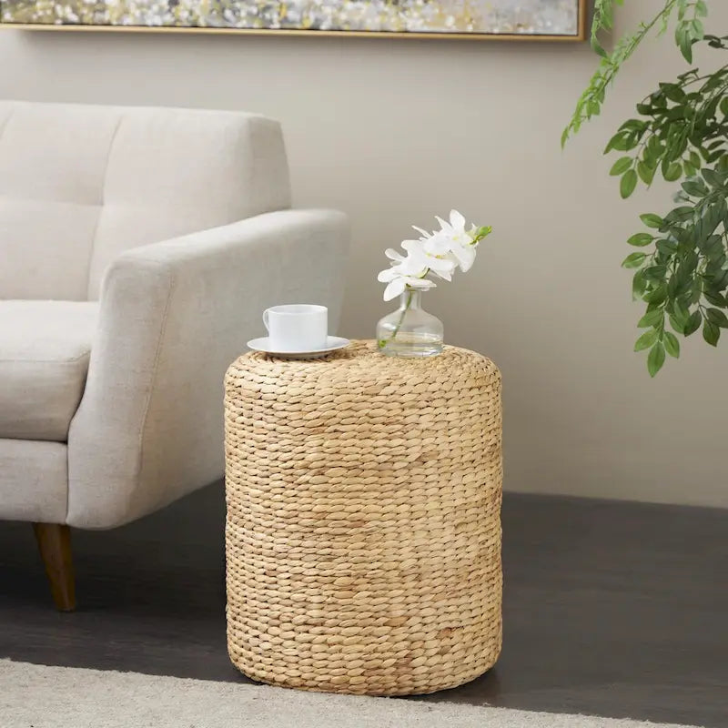 Table d'appoint ronde artisanale en jonc de mer – Marron –